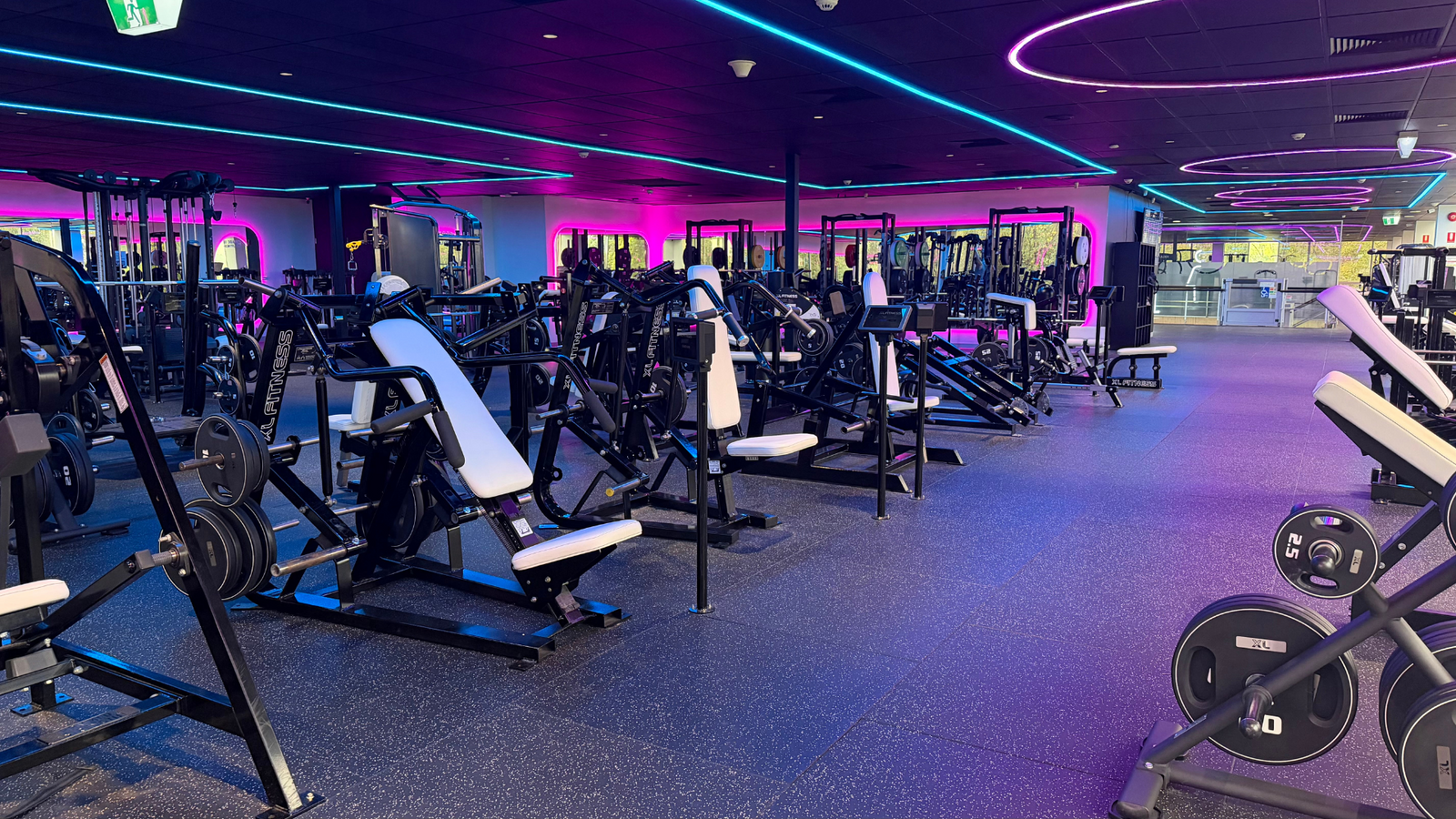 Wide view of the XL Fitness strength floor with blue and pink ceiling lights