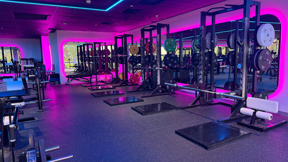 A row of XL squat racks and lifting platforms beside pink-lit mirrors