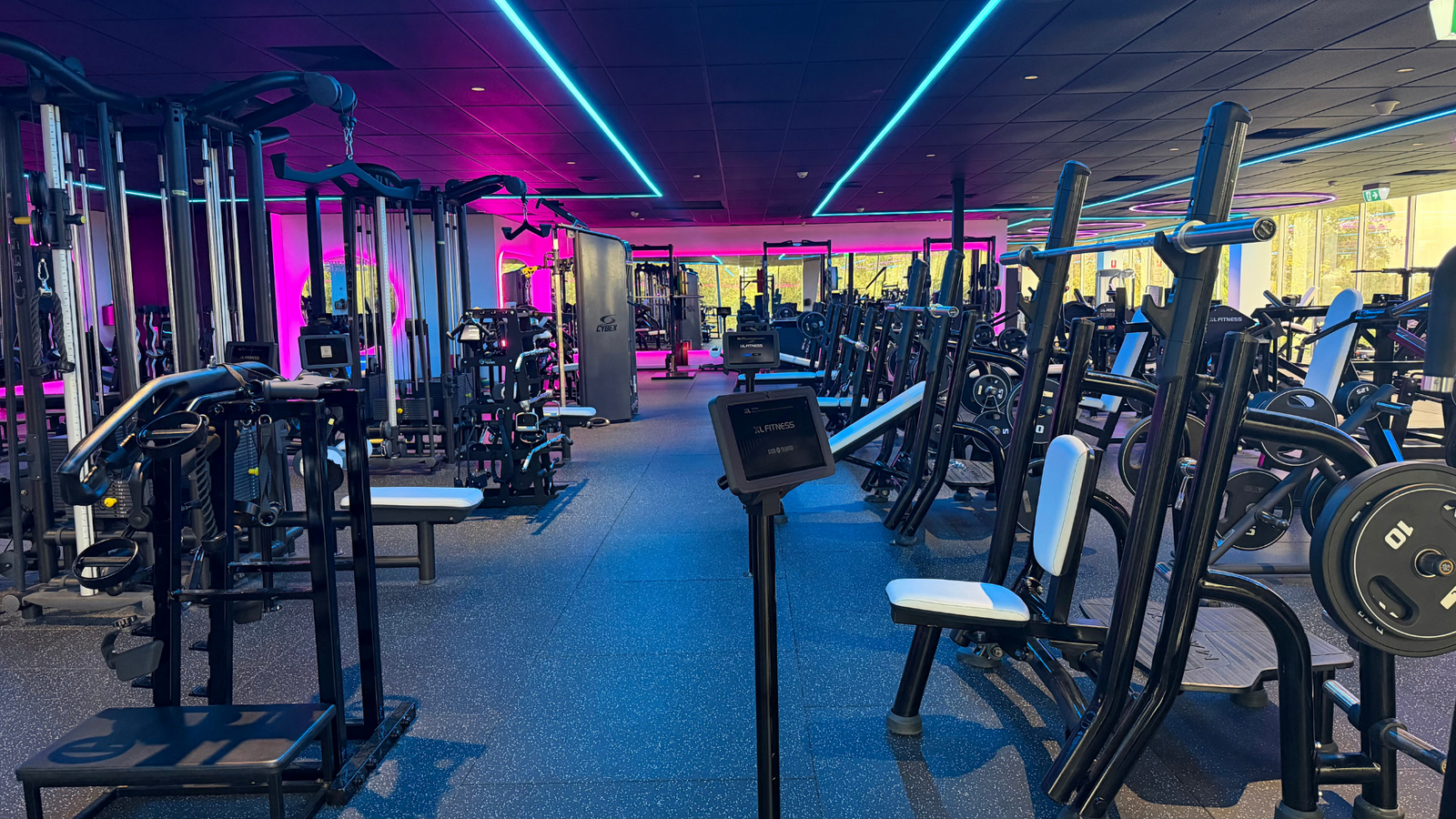 XL Fitness strength equipment with a connected training tablet under blue and pink lighting
