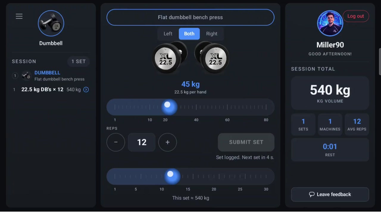 XL tablet showing exercise selection, weight, reps and recorded sets